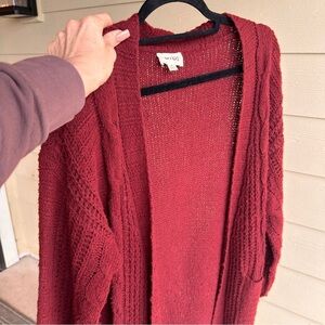 Bibi Burgundy Knit Open Front Cardigan Sweater Pockets Medium Cozy Fall Layer